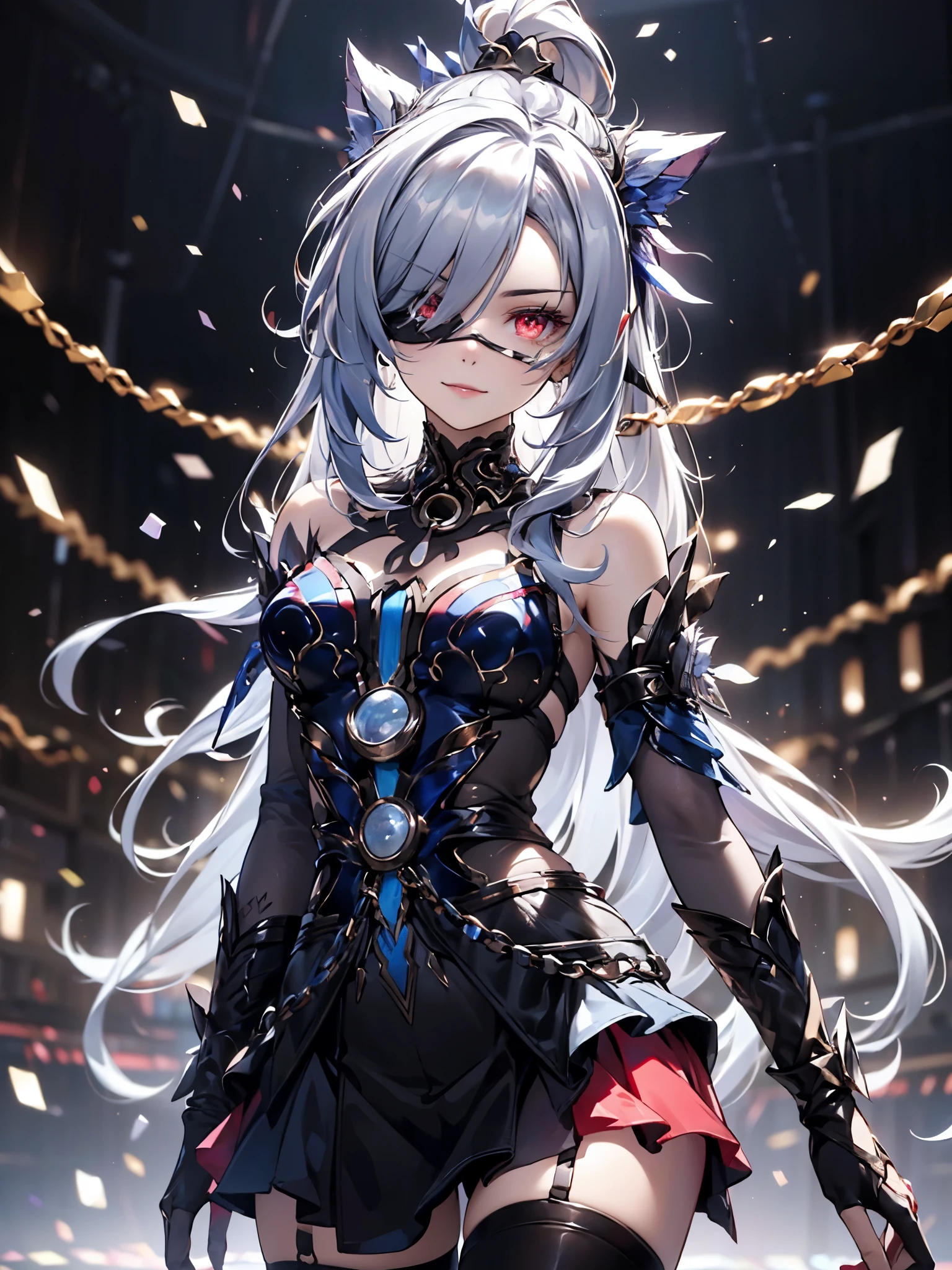 score_9, score_8_up, score_7_up, source_anime,masterpiece, best quality, high resolution, extremely detailed CG, absurdres, 1girl, solo, a cool girl in Gothic ta costume posing in palace, miniskirt, frills, black and red outfit, ((black_tights)), (single eyepatch), heels, ((V-shaped eyebrows, smile), hand on face, hands open, spread legs, stands on floor, ruby👁️🗨️,white_hair, ((two_sides_up)), horns, tied with chains, many chains in background, dark_background, black palace, midnight, indoors, (extremely detailed background:1.6), detail1eye, vivid color