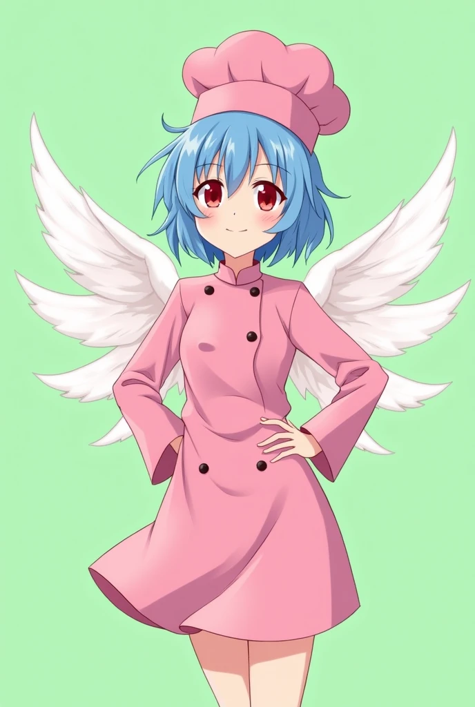 Female chef between 18 and 20 years old with angel wings, with a pink long-sleeved uniform and a chef's hat of the same color, 2D anime style with pastel colors, short blue hair, Red eyes ,with a happy expression, on a completely green and flat background