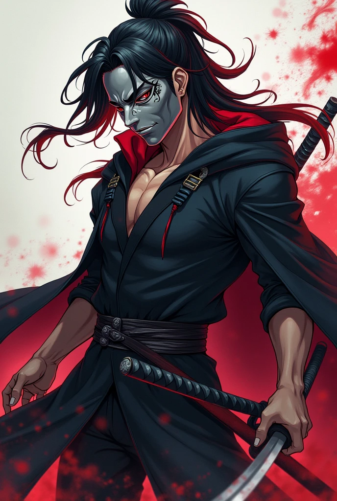 Create a muscular young anime style male character wearing a black long sleeved hooded overcoat with long black hair with red tips and tied into a cookie with a gray Japanese hannya mask with a katana