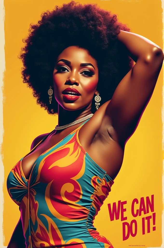 Digital Illustration of A thick black woman with afro hair wearing golden luxury clothes walking on The street, (thick body), ultra quality, 8K, olhar sensual, sensualidade, filha de uma deusa africana, african illustration style, fat woman, Water dripping texture