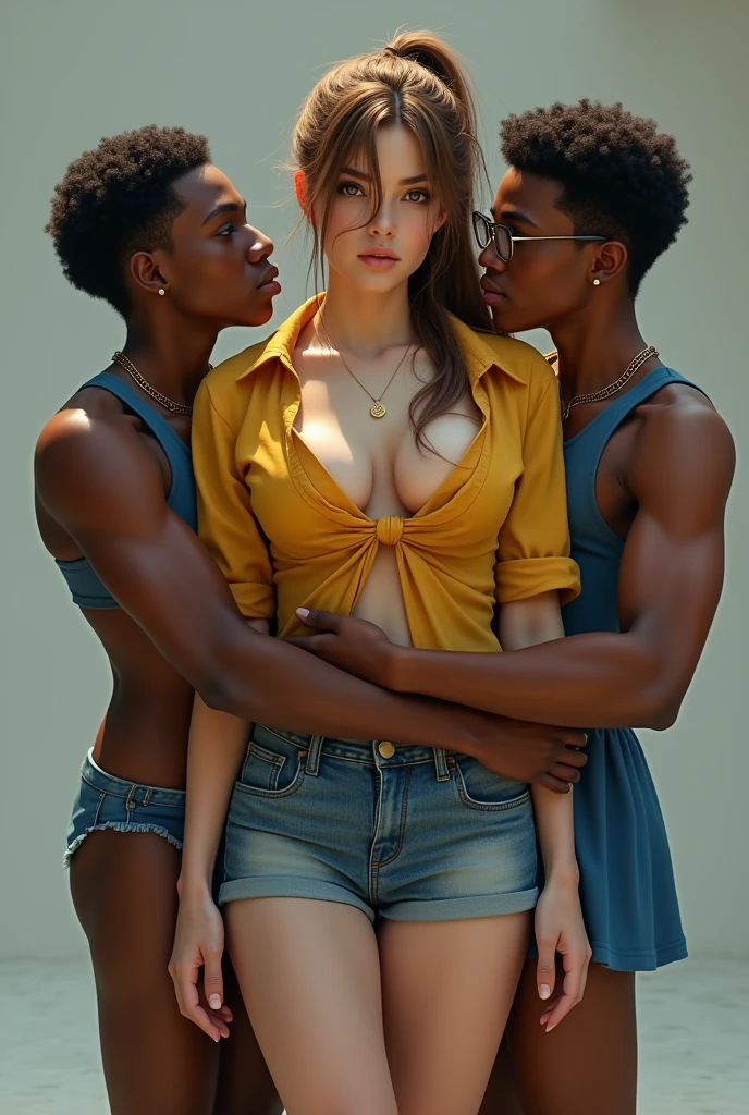 Create a photo of a 30 year old young woman, with long light brown hair tied in a ponytail with a lock of hair over her face, slender and beautiful body, wearing jean shorts and an open yellow shirt without a bra with bare breasts, with white and clear skin, being carried in the arms of two black teenagers, dark-skinned, obese, ugly, low, with short hair who is wearing a blue dress and glasses