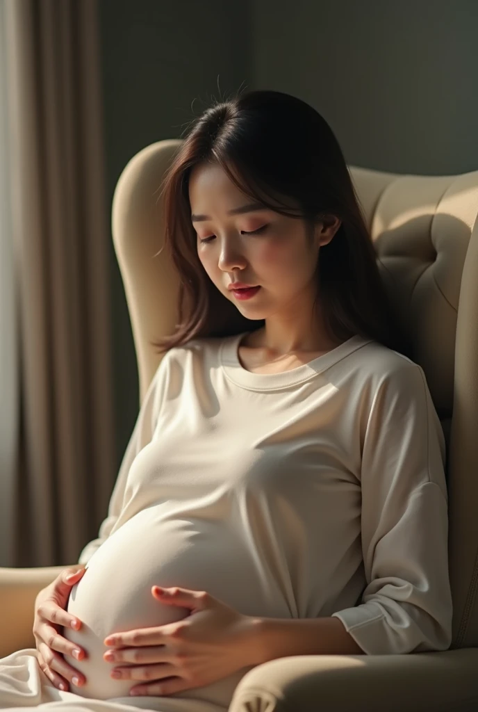 pretty korea woman big pregnant having contraction in chair