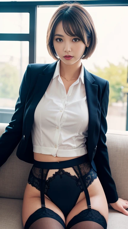 (((Dressing:1.8))), ((The upper body is reliably dressed:1.8)), (((pantie shot:1.8))), (((Show the camera everything about your panties:1.5))), (((Black Business Jacket:1.8, White blouse with collar:1.5, Panties with a small area:1.5, garterbelts:1.8))), ((s Office:1.8)), (((Embarrassed look:1.8))), 1girl in, 独奏, 18year old, 7headed body, Ideal ratio body proportions, erectile nipple, short-hair, A dark-haired, With bangs, small tits, A slender, Small buttocks, beauty legs, Skinny Legs, surrealism, Cinematic lighting, depth of fields, One-person viewpoint, F/1.8, 135 mm, nffsw, masutepiece, ccurate, ((Anatomically correct:1.3)), Textured skin, Super Detail, high details, High quality, awardwinning, Best Quality, hight resolution, 8K