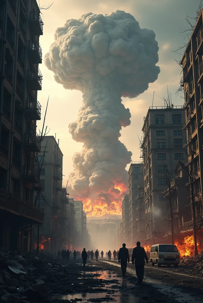 The instant aftermath of the Nagasaki bombing, with collapsing buildings, a rising mushroom cloud, and the city engulfed in smoke and flames.