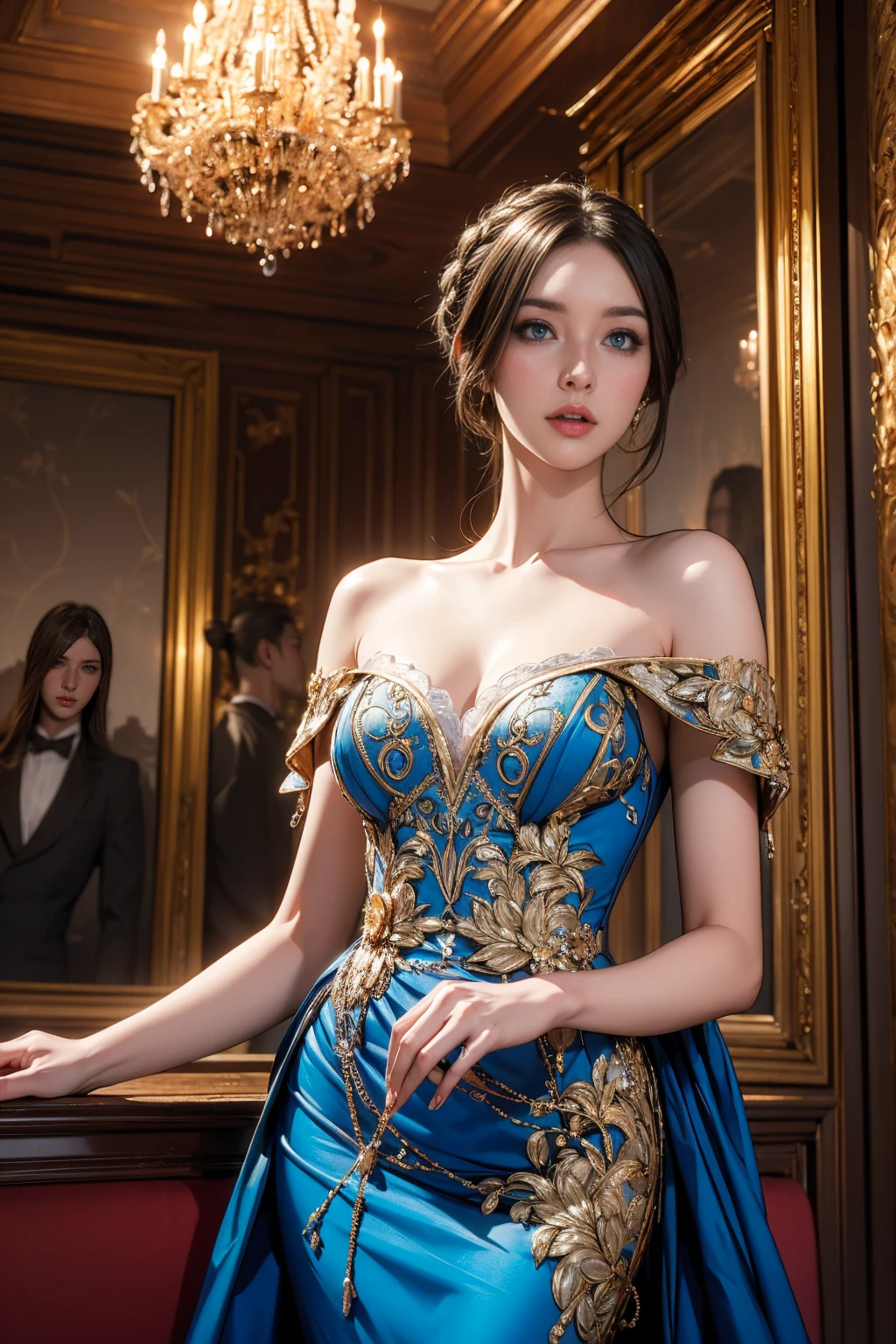 a modern aristocratic woman,elaborate and elegant hairstyle,dramatic makeup,piercing azure blue eyes,delicate refined facial features,pale porcelain skin,warm rosy lips,wearing an opulent haute couture dress with lavish embroidery and intricate lace details,flowing luxurious fabrics,standing in an ornate baroque interior with gilded accents,grand chandeliers,opulent furnishings,dramatic lighting,highly detailed,photorealistic,masterpiece,cinematic lighting,chiaroscuro,dramatic color palette