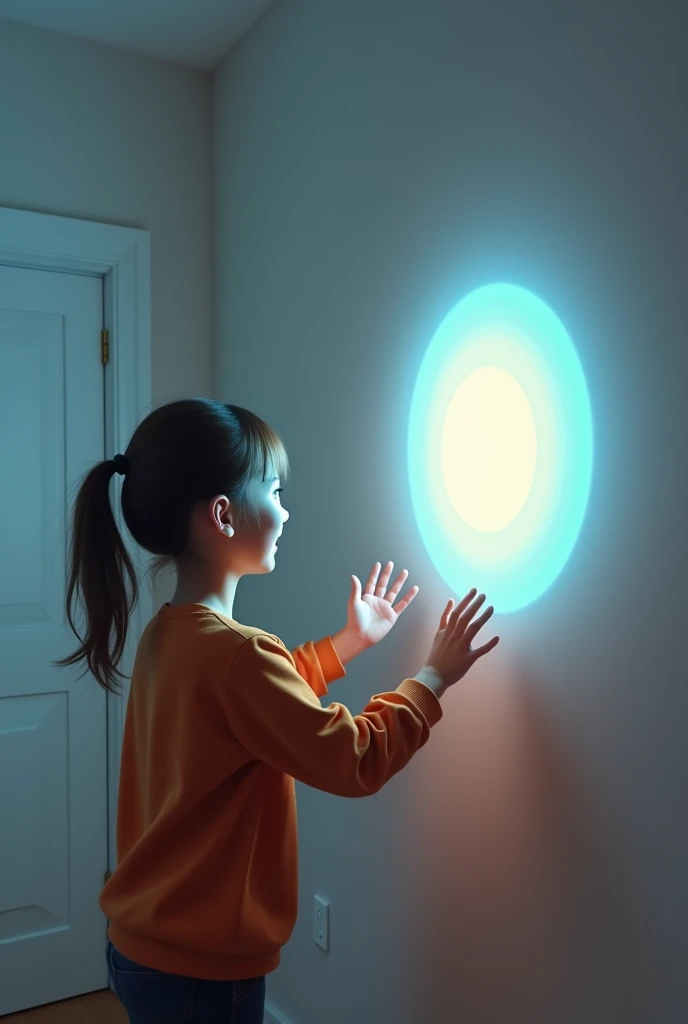 person holding an imaginary object with his hands. But his hands are empty he is pointing the toy at the wall. as if it were a projector. The light is circular and he looks happy.. he is away from the wall