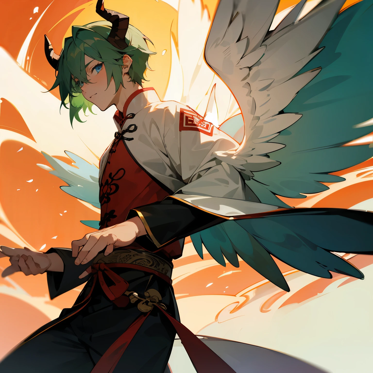1male, Messy Green Hair , Blue Eyes , Red Angel Wings , Flaming Forest Background , Ancient chinese tao clothing , Adult Male, Blue Horns