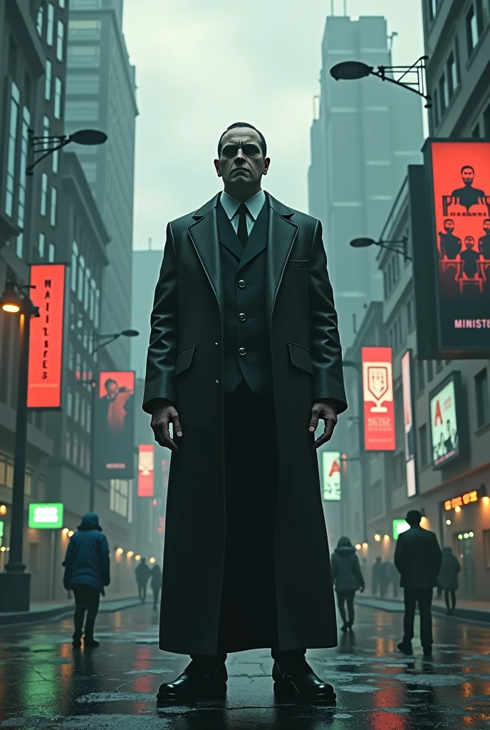 Create an image inspired by the book 1984 with a dystopian look riddled with ignorance, manipulation and publicity with a corrupt man who is inspired by Big Brother's surveillance of the population in addition to being able to make the ministries visible