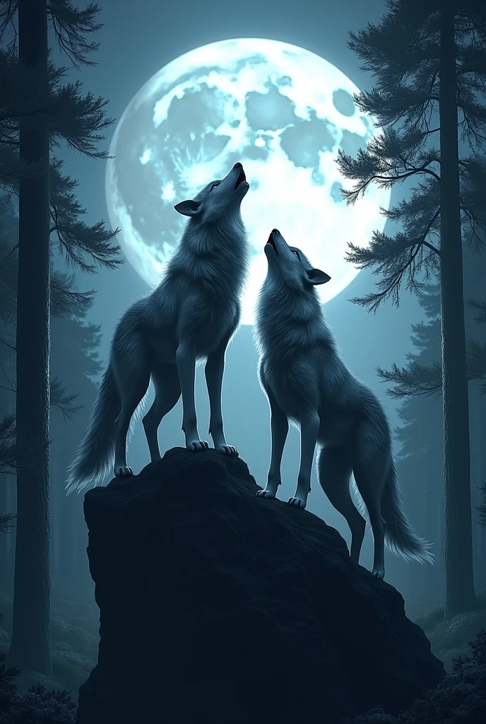 two wolves on top of a rock in the middle of the forest howling at the moon 