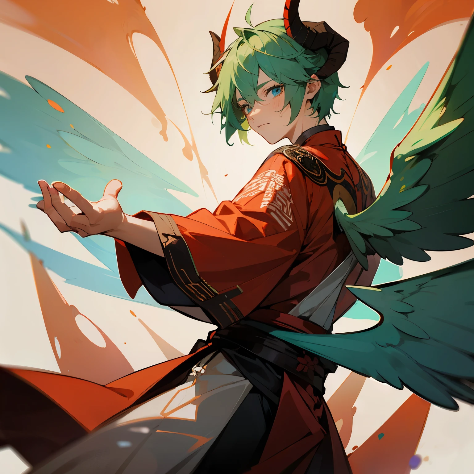1male, Messy Green Hair , Blue Eyes , Red Angel Wings , Flaming Forest Background , Ancient chinese tao clothing , Adult Male, Blue Horns