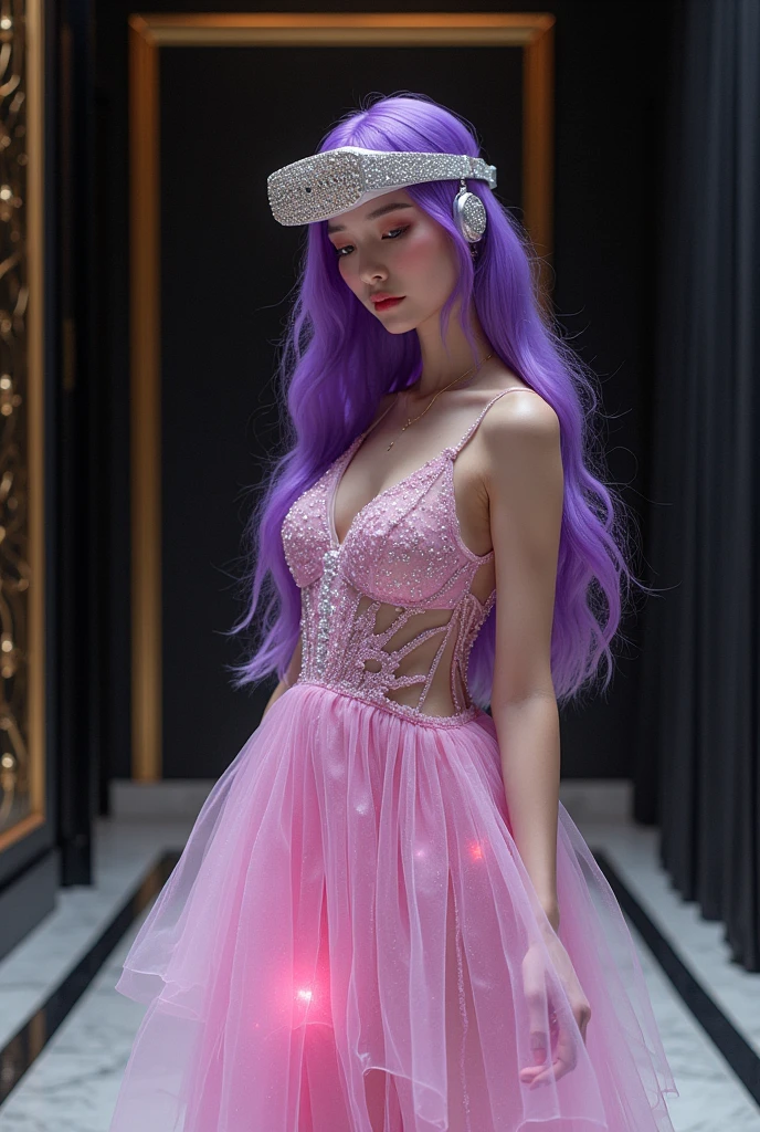 Korean purple hair butterfly woman in headset with transparent shiny shiny pink dress and shiny diamonds on headset full body The main scene: a ball with chic black walls with gold details