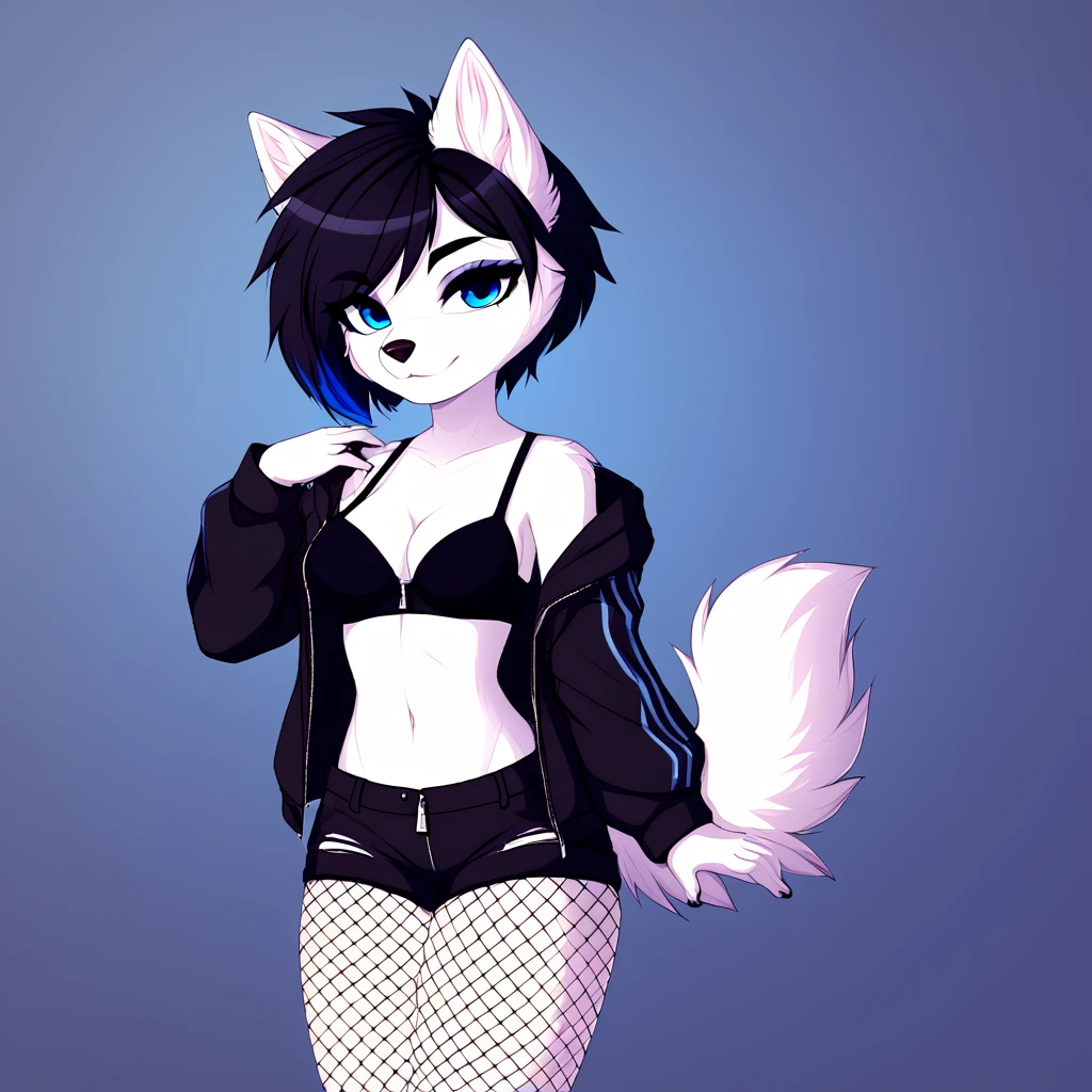 anthropomorphic dog, female, white fur, short black hair, blue colored eyes, simple background, black sweatshirt, Half-open sweatshirt zipper, bra strap showing, short black shorts, black fishnet tights