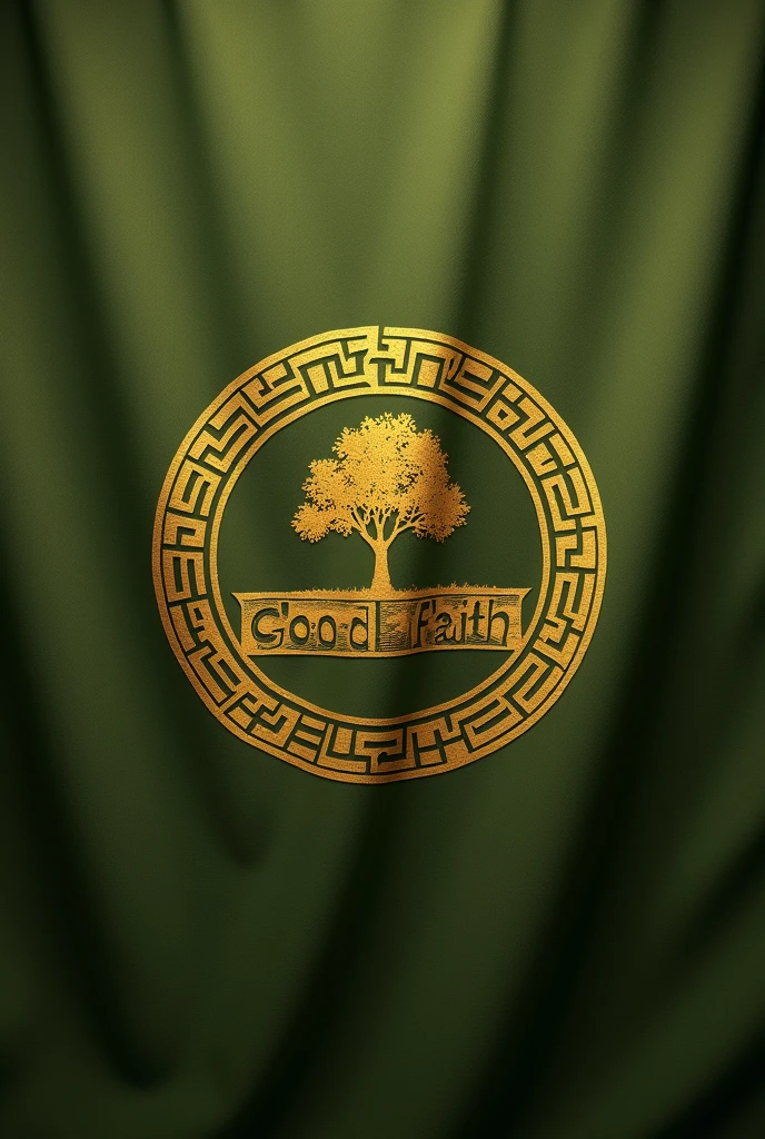 Create an olive green flag with a simple round gold coat of arms. With the name good faith and a tree symbol.