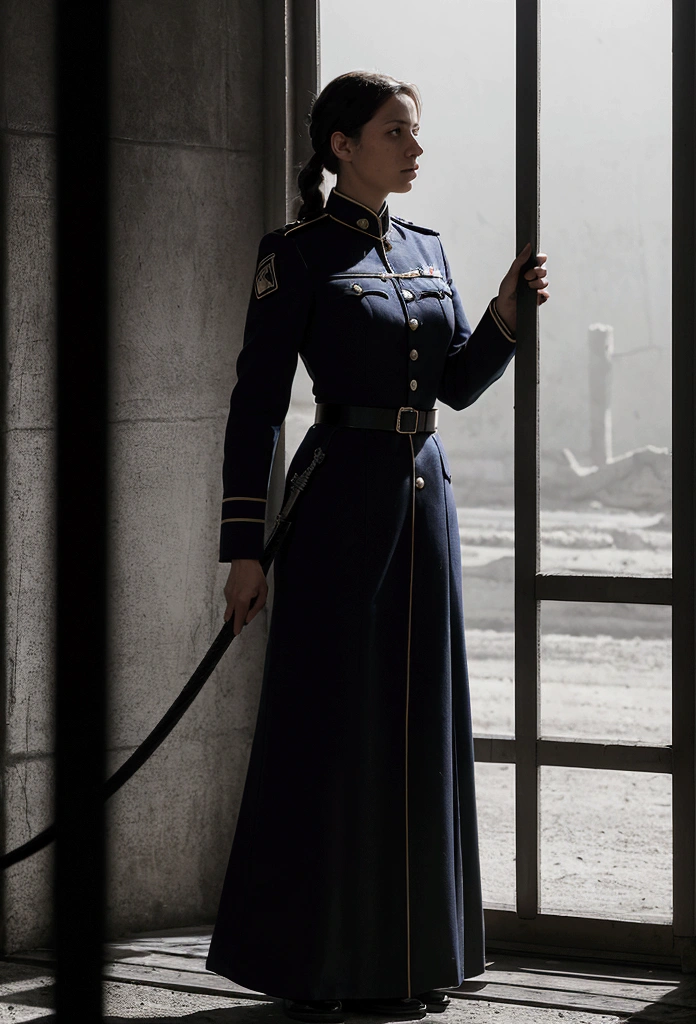 A female guard stands with a whip in a German concentration camp.