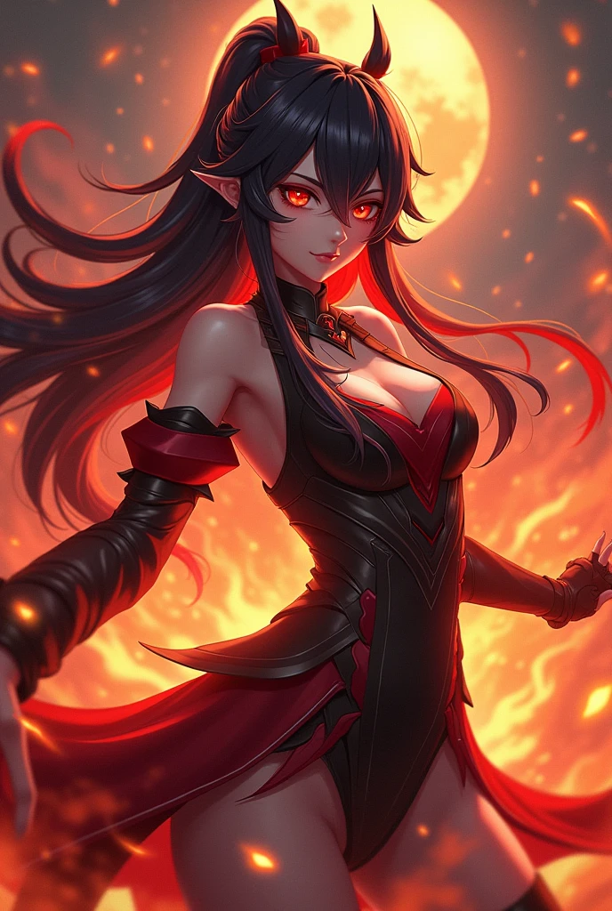 Create a female character with long dark hair with red highlights. Eyes red. Make her in an action pose in the style of the game Genshin Impact. Estilo phyro