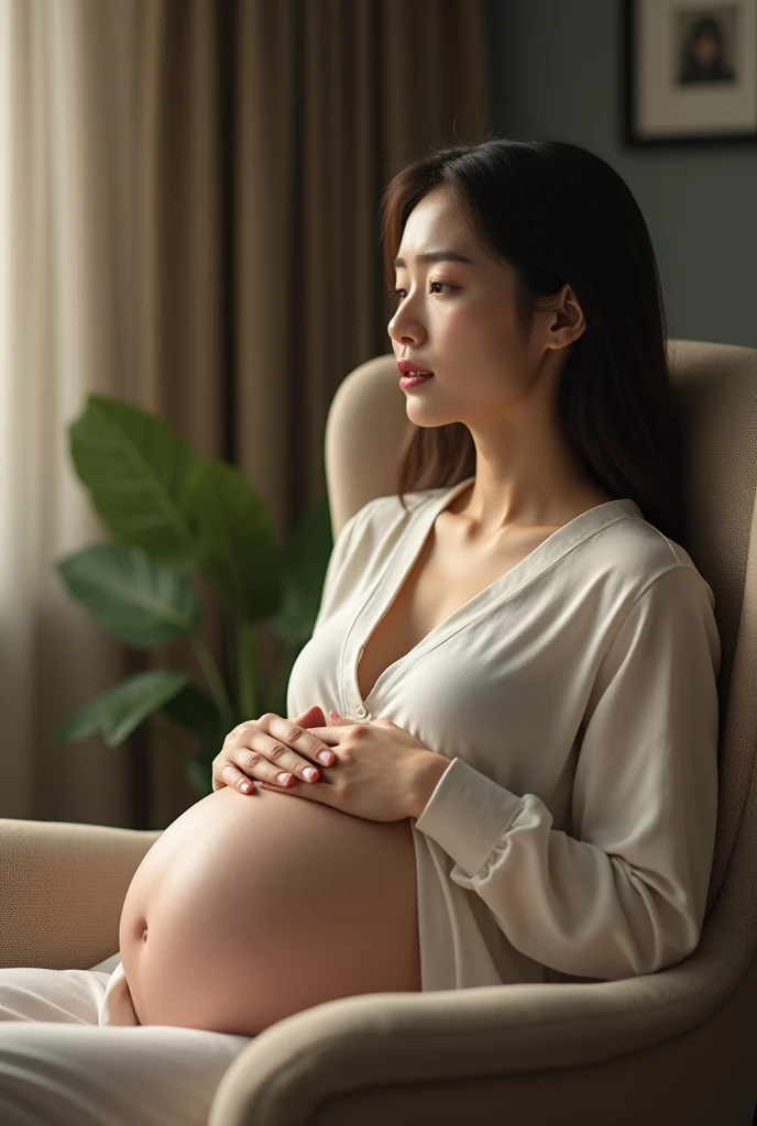 pretty korea woman big pregnant having contraction in chair