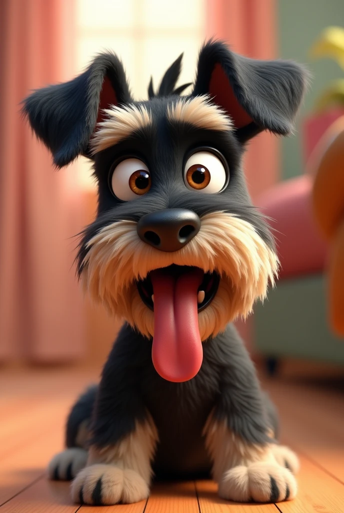 A funny Schnauzer dog, with light brown eyes, with the tongue hanging out, its fur is shiny black and the tips of its hair are golden and the animation is from Pixar.