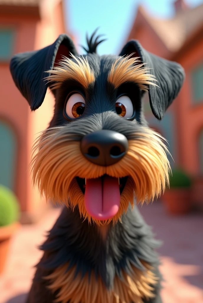 A funny Schnauzer dog, with light brown eyes, with the tongue hanging out, its fur is shiny black and the tips of its hair are golden and the animation is from Pixar.