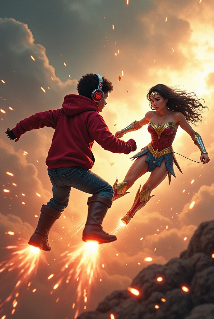 Young boy with red hoodie, headphones, star-lord helmet on head, red eyes, and rocket boots, Vs. Wonder woman (Big tits), Fighting, power, fiction, full body, 2 person, magic lasso, flying in the sky, Fire, hight