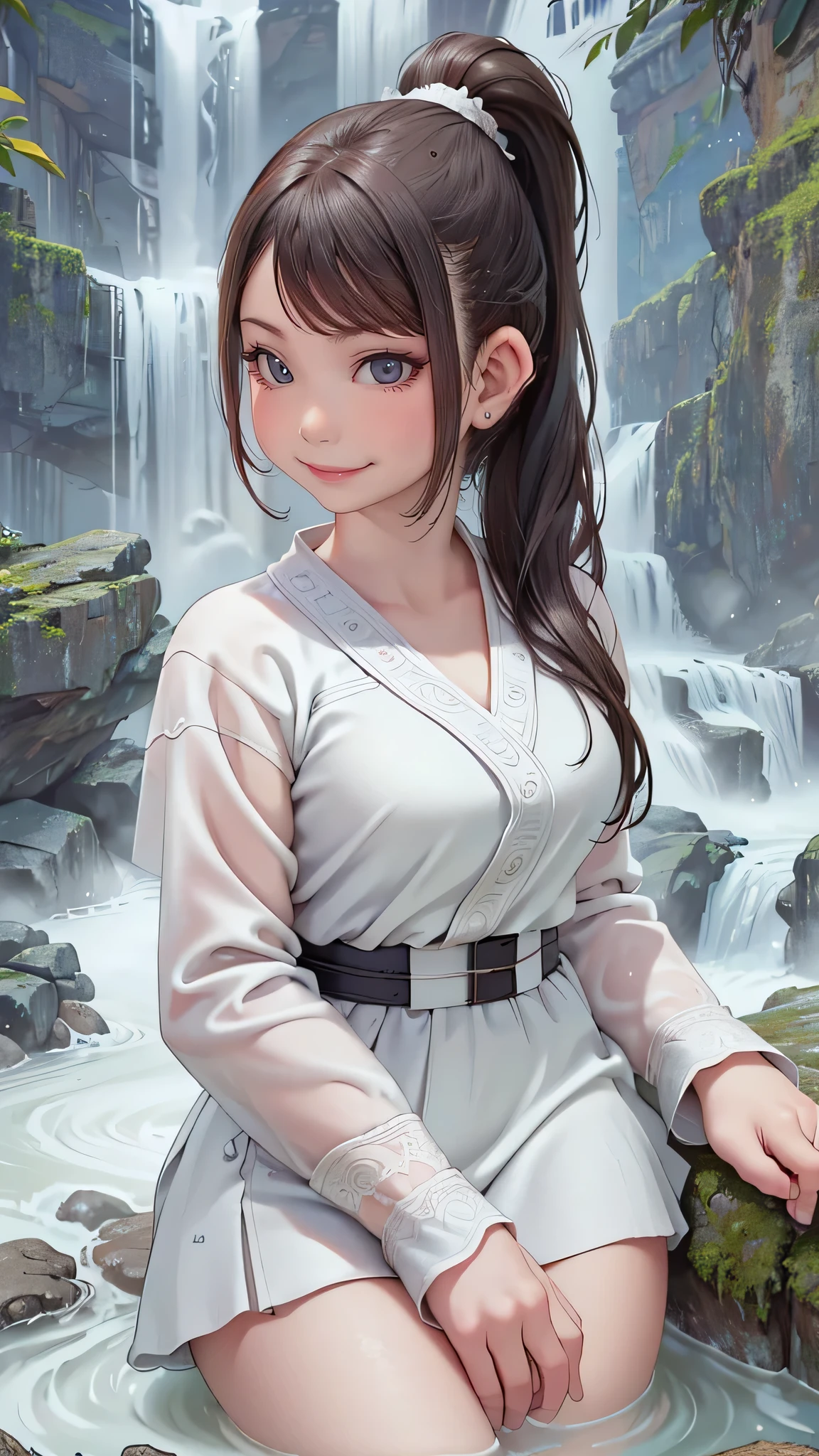 (bathing in the basin of a waterfall),ultra straight hair,long ponytail,rash guard,(Highest image quality, (8K), Ultra-realistic, Best Quality, High quality, High Definition, high quality texture, high detailing, Beautiful detailed, fine detailed, extremely details CG, Detailed texture, realistic representation of face, masterpiece, presence)