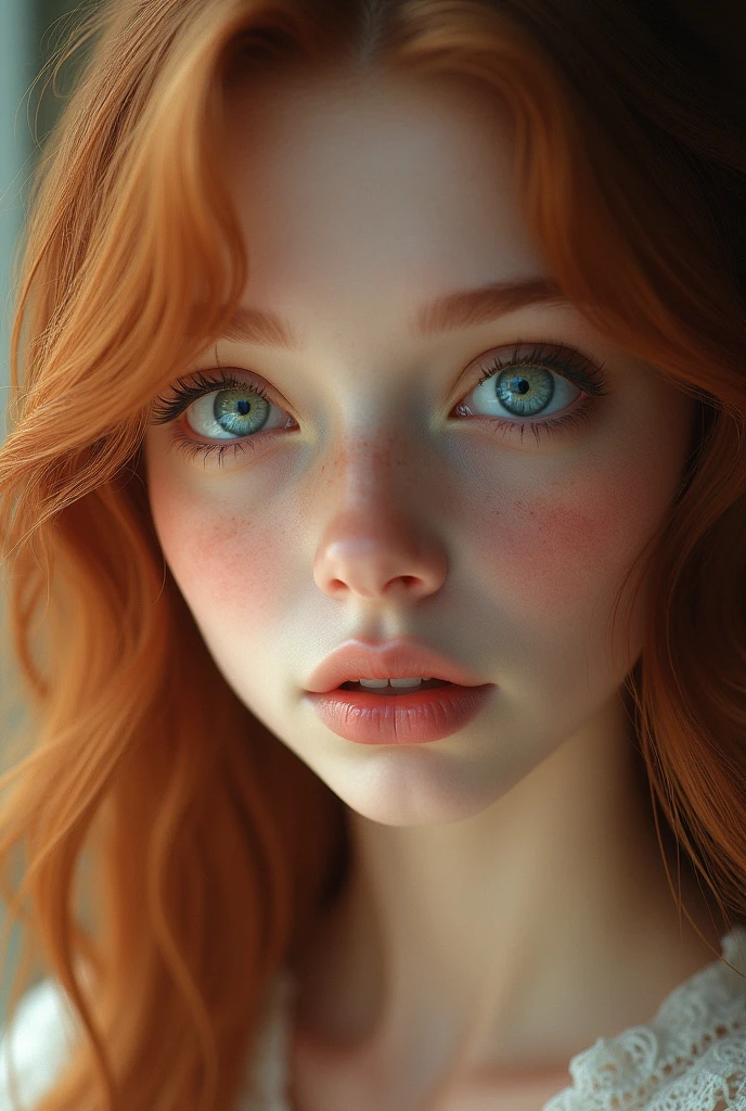 girl with long wavy auburn hair and light blue eyes