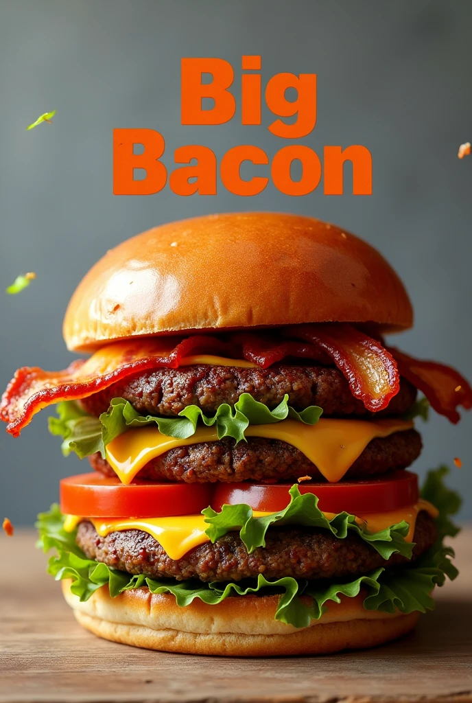 Create an image of a handmade burger with the name big bacon, a little smaller on top of the image
