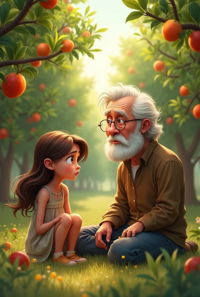 
a  girl with chocolate colored hair without bangs with MEDIUM hair, They are sitting in an orchard talking with their grandfather, his grandfather without glasses, without a jacket, He has white hair and beard. The girl is worried and the grandfather is amazed.

