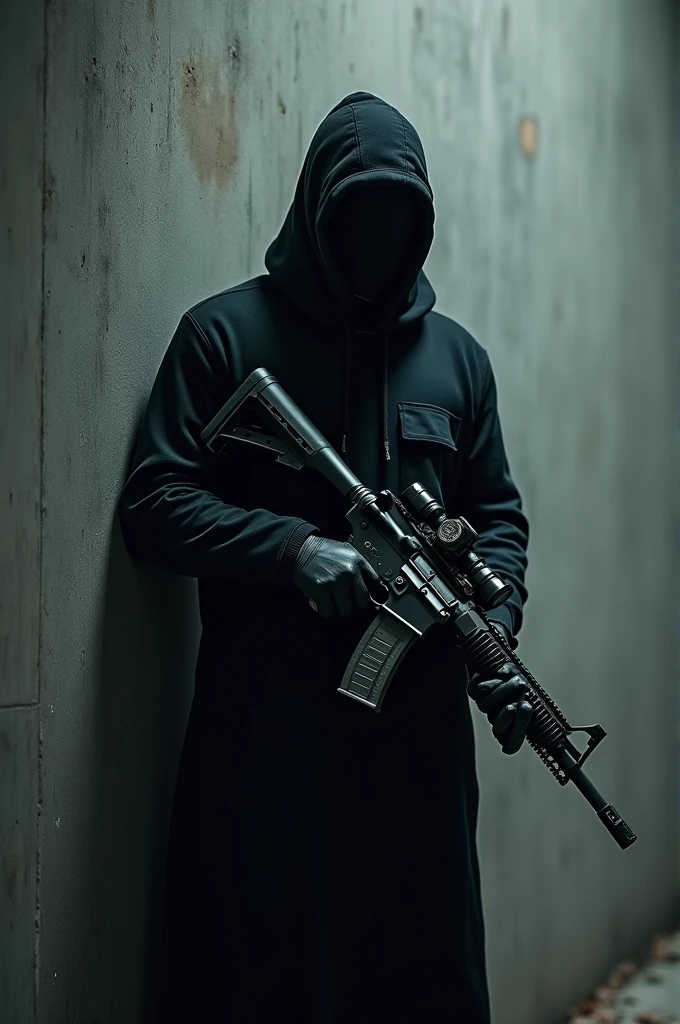 Wallpaper of a soldier with an M4 in full Hd. Soldier wearing a black mask and standing sideways against a wall. dark theme