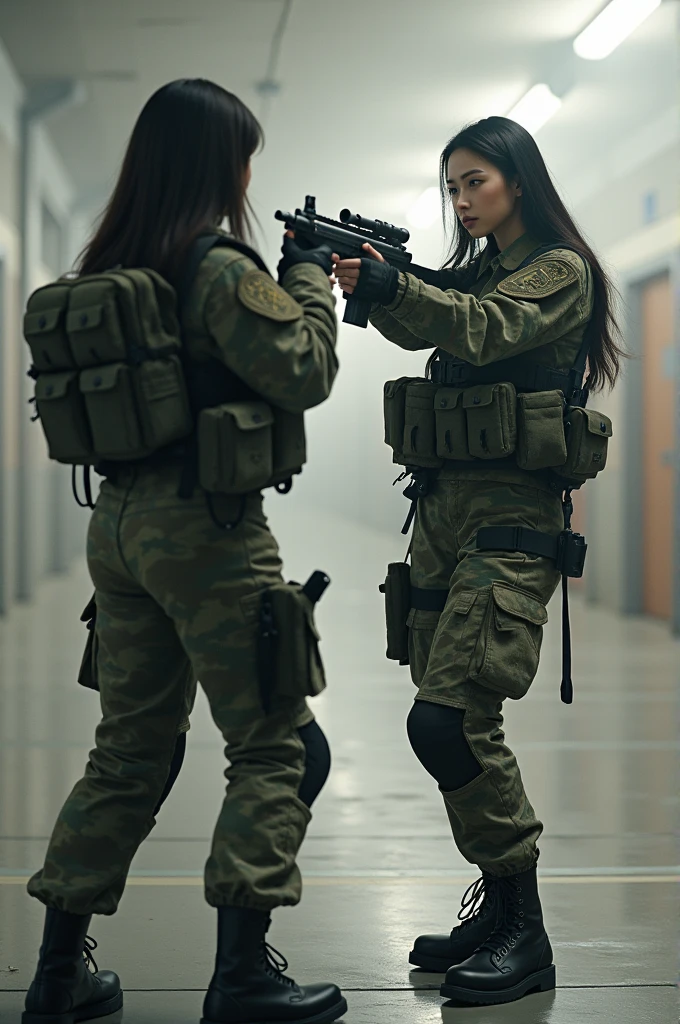 Blackpink's Jisoo in a military outfit carrying a gun and pointing it at Blackpink's Lisa