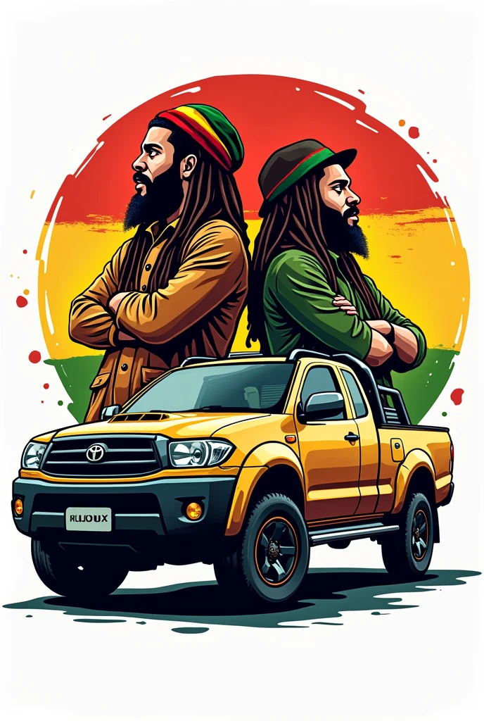 "Create a logo for a towing company called 'Auto Socorro Rasta'. The design should include traditional reggae colors (rot, yellow and green) and elements that reflect Rastafarian culture, like the Lion of Judah, dreadlocks, or Rastafarian hats. In the center of the logo, there must be a stylized Hilux pickup truck, that conveys a sense of strength and reliability. Next to the Hilux, put a Rastafarian couple with typical characteristics, such as dreadlocks and traditional reggae-inspired clothing. The logo style should be vibrant, modern and convey the essence of Rastafarian culture and the spirit of unity and freedom."