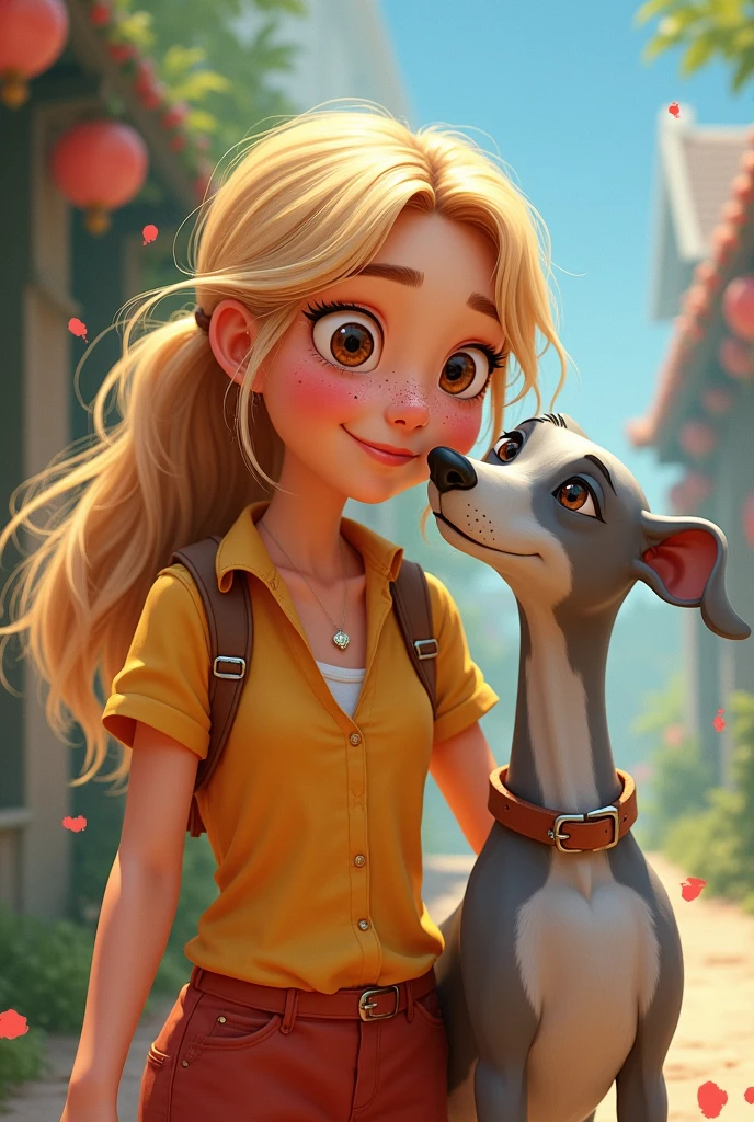 A Pixar-style cover featuring a blonde teenage girl, long hair and brown eyes and freckles, accompanied by a male greyhound dog, skinny, hairy and whole gray color.