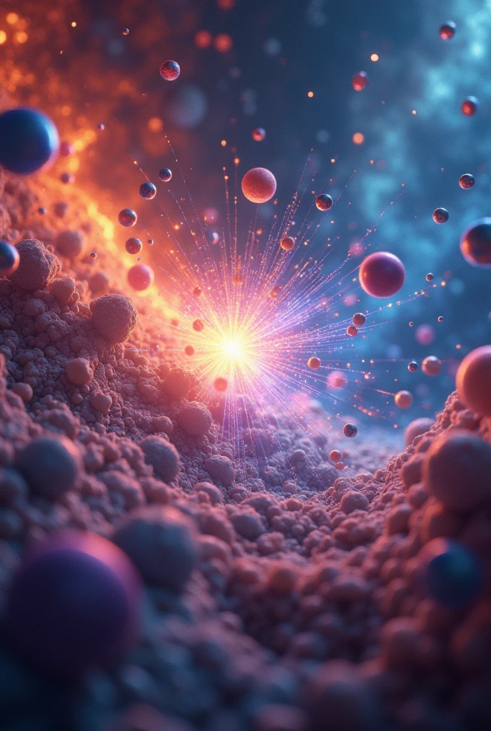 In a cosmic setting, Electron is flying around several atoms, its energy sparks rearranging the electron shells with vibrant and dynamic energy lines. neutron, solid and calm, is next door, stabilizing the nucleus of atoms with a serene aura. No fundo, the environment is colorful and energetic, with atoms and molecules rotating in harmony as light adjusts around them. The scene reflects the restoration of order, with particles shining in a controlled and balanced manner