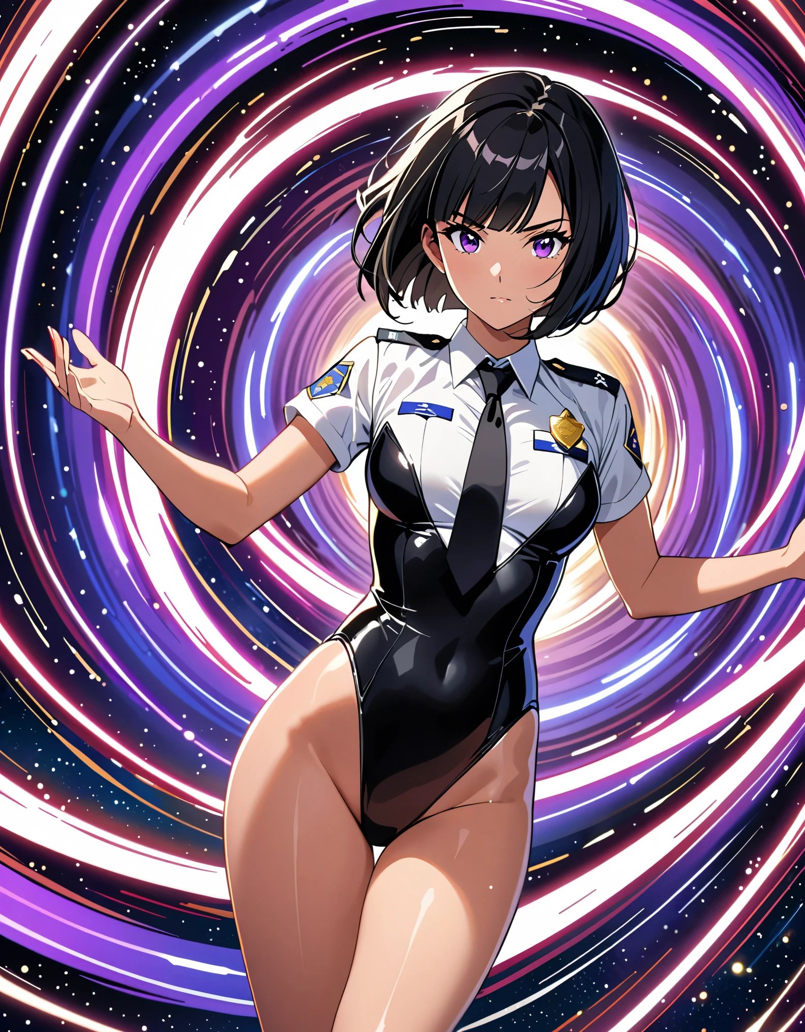 (masterpiece), (best quality), (high res), medium , ((jet black hair, short hair, bob hair, purple eyes, bangs)), japanese police uniform, ((white shirt, black tie)), ((leotard, white and red leotard, matching leotard, bare legs)), matching shoes, badge, solo, solo focus, standing, (full body), cowboy shot, superhero, ((beautiful detailed eyes)), standing straight, full body shot, cowboy shot, superhero, mature (perfect anatomy), (fix hands:1,2). spread arms, (whirling), (she spins) fast in place like a (tornado), whirling in place, tornado spinning, rapid gyration, (dynamic whirl pose), space backdrop, motion blur, speed lines around her, spiral lines around her, tornado, time warp, (spinning energy pulse around her), light particles, serious.
