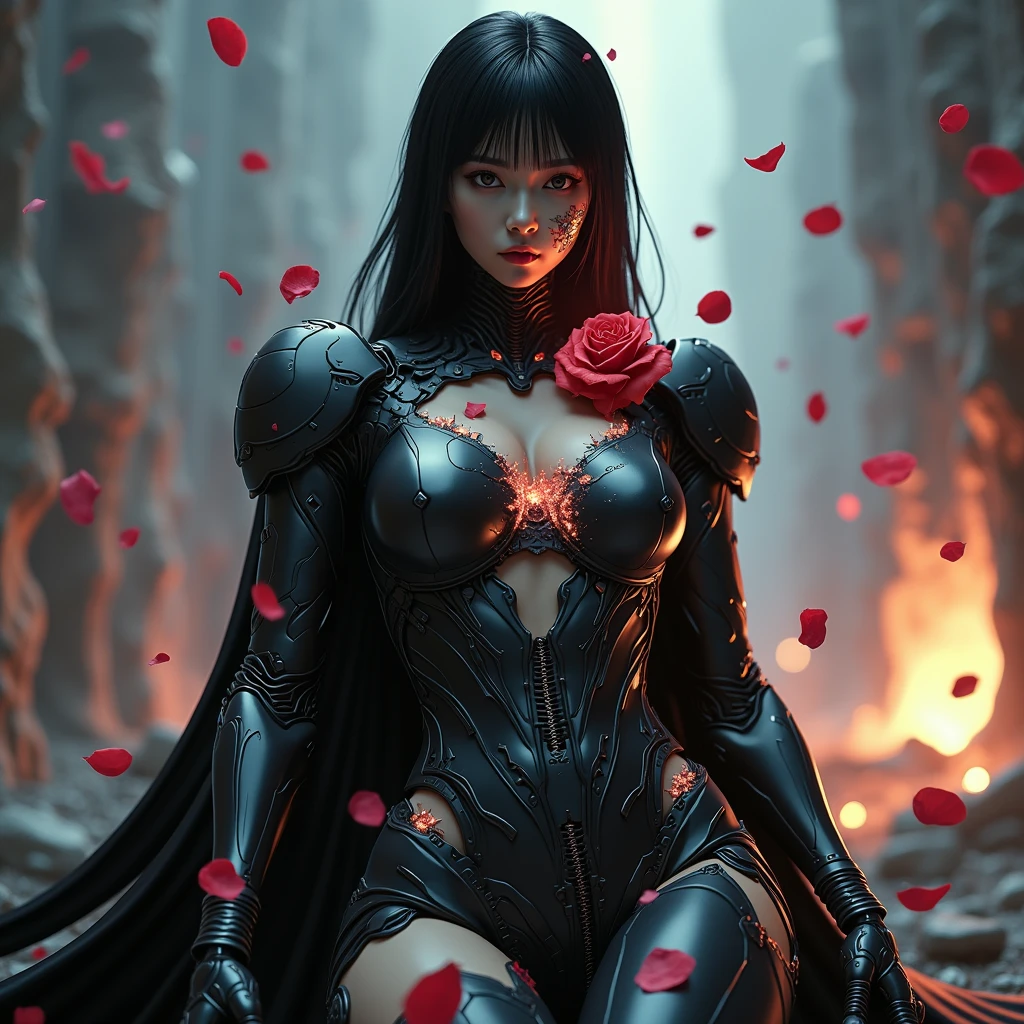 Death of a beautiful humanoid female, close up of a broken android, digital art, cracked porcelain face, futuristic look, captivating, close-up, skull, fragile, emotional, shatter into fragments, shattered glass, shattered pieces of a woman body, made of porcelain, broken, destroyed, abstract patterns, tile art, roses, portrait photography, cinematic, white, red and light gray, shallow depth of field