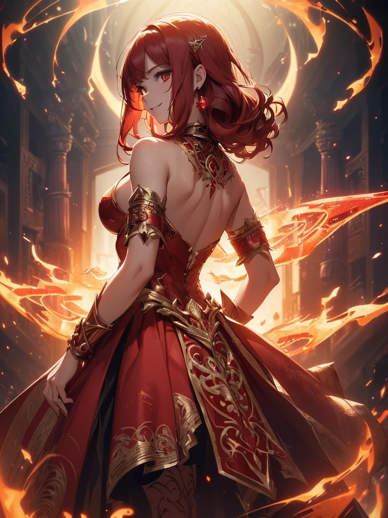 (((best quality, sharp image, clear image, cinematic lighting, 8k resolution, masterpiece, ultra detailed, intricate))) Girl, sorcerer, cute, intricate dress, smiling, fiery red, ((intricate background)), (rune frame), dimension, ((shot from behind)), fire sigils, chaotic background, ((half-body shot))