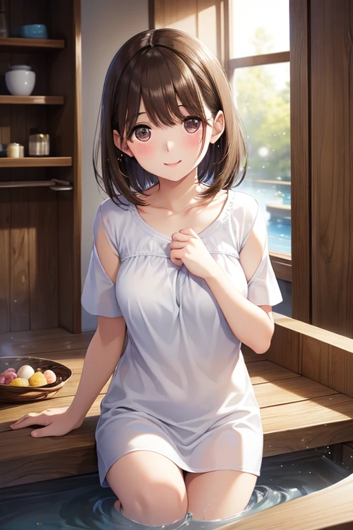 anegasaki nene、Shiny brown hair, short hair, (Beautiful brown eyes、Sparkling eyes, Fine grain)、smile、Ultra-detailed eyes、Very detailed顔, Very detailed目,
(One girl, alone, alone),, Very detailed, Soft indirect lighting, 4K, Perfect Eyes,Perfect lighting,
_smile,One girl,With a wooden basin,A basin full of fruit,running,Floating on water,Dynamic Blur,(Background Blur:1.2)