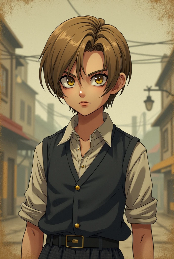 Trunks of dragon ball with brown hair and yellow ayes, and straight short hair
Vintage style
