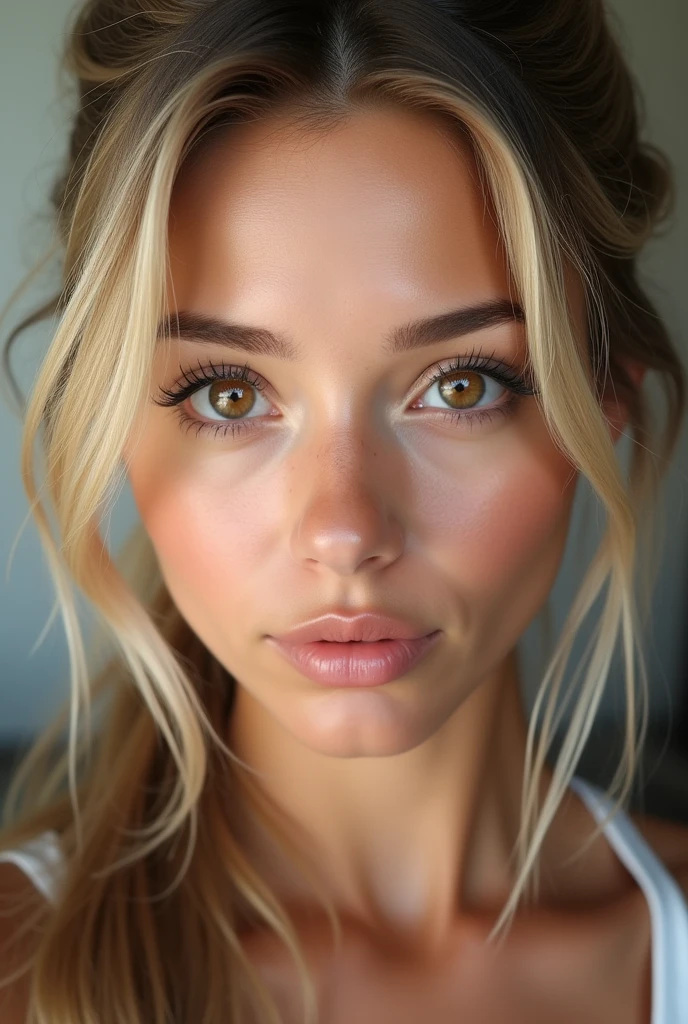 Portrait photoréaliste d'une femme de 22 ans, fille sexy aux yeux brun, ultra réaliste, minutieusement détaillé, cheveux blonds attaché et grands yeux, selfie d'une jeune femme, Violette Myers, sans maquillage, maquillage naturel, regarder directement la caméra, maquillage subtil, superbe photo, Capturez cette image avec une photographie haute résolution en utilisant un objectif 85 mm pour une perspective flatteuse.