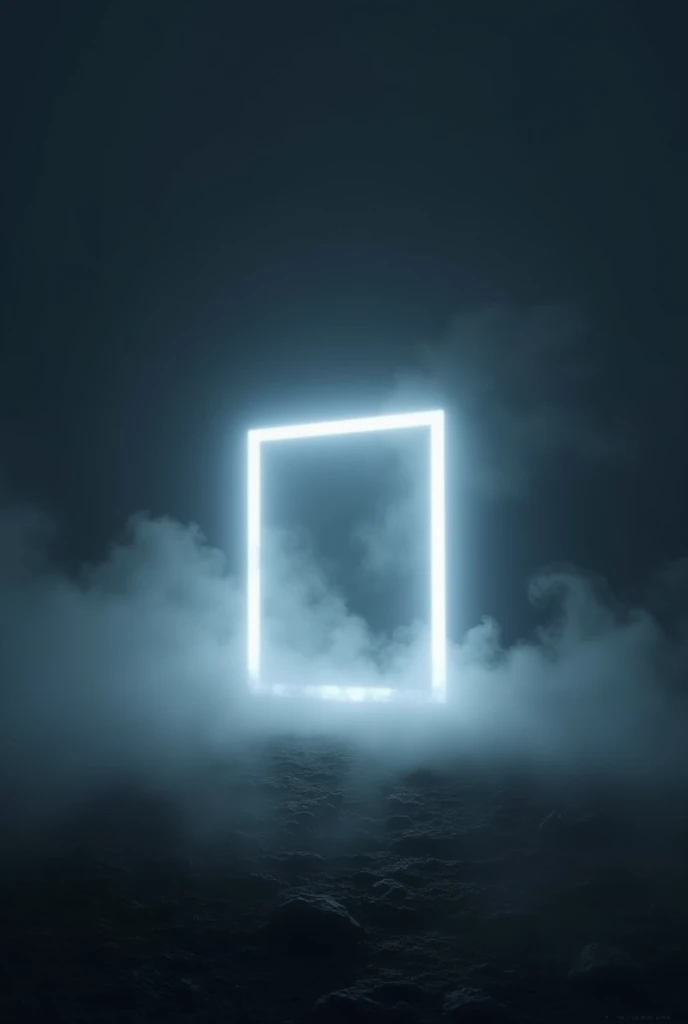 dark image with white neon rectangle in landscape format, all surrounded by smoke