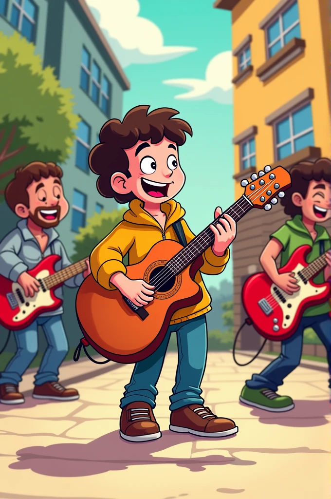 Generate the shell of Monica's gang playing the guitar, cartoon simples