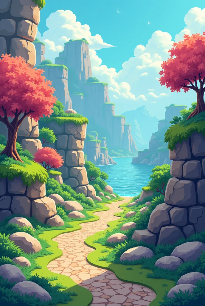 retro video game style,pixelated, Vibrant pastel colors,8-bit characters,Block Shapes,sharp lines,detailed shading,classic gaming environment,nostalgic atmosphere,Classic arcade games,masterpiece:1.2,ultra detailed,Illustration Style, Textura 2D, stone texture, 4K seamless mud texture, video Game texture, Dirt texture, intended, game tiles, grass, 3/4th perspective trees, 3/4ta perspectiva tileable rock texture, 3/4ta perspectiva tileable cliff formations, tileable trees, view from above, Game texture, Game art, Mosaic texture, Highly detailed cliff texture, intricate stones, Top down view,
