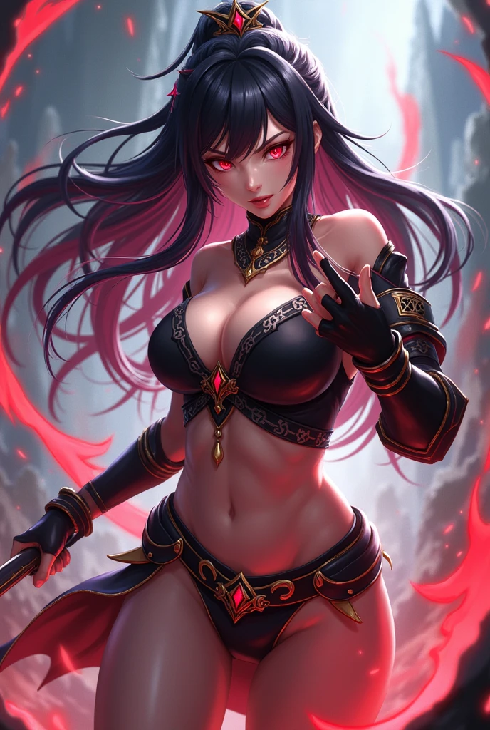 Create a female character with long dark hair with red highlights. Eyes red. Make her in an action pose in the style of the game Genshin Impact. Estilo phyro. Less appealing. your weapon is a pan