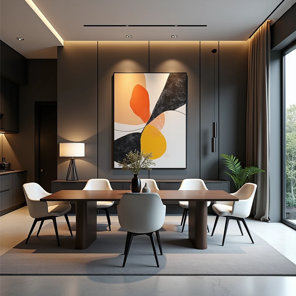 Interior design ,modernist living and dining room , work of art ,gray matte floor ,ultra realisitic , 4K , render ultra realisitic