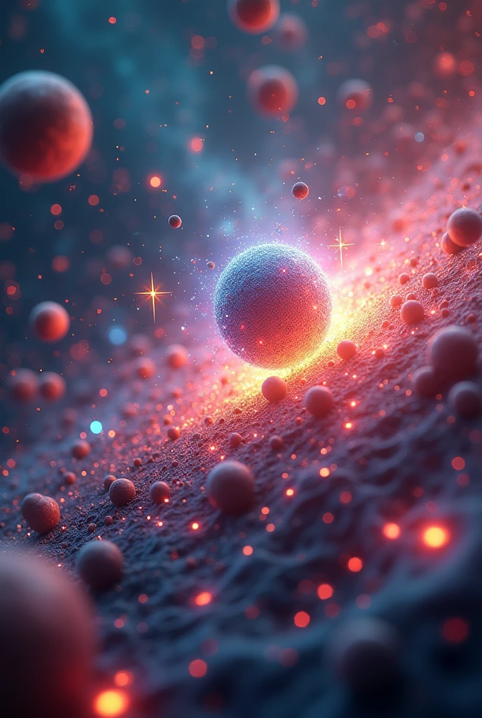 Prompt: In a cosmic scene, Electron is flying around several atoms, emitting vibrant and dynamic energy sparks as he reorganizes the electron layers. Neutron stands nearby, calm and solid, stabilizing the atomic nuclei with a serene aura. In the background, the environment is colorful and energetic, with atoms and molecules spinning harmoniously as light adjusts around them. The scene reflects the restoration of order, with particles glowing in a controlled and balanced manner.
