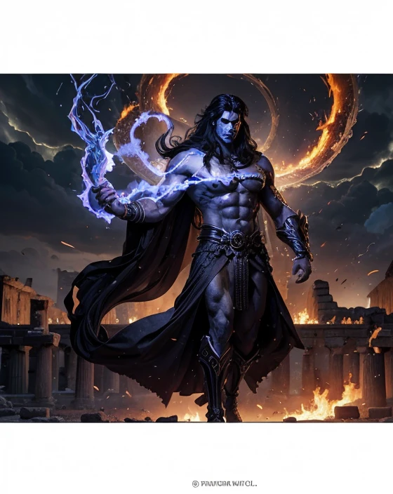 Hades Lord of the underworld Greek mythology very , physically perfect body muscular body frame full bodyshot very tall height man, surrounded an ancient Greek ruins fire around it