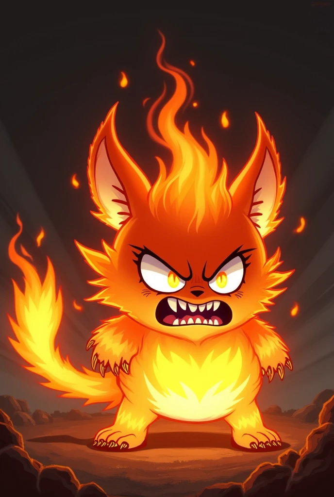 A fireball with a flaming tail and ears and angry white cartoon eyes 