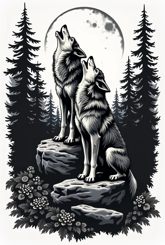 stencil for tattoo of two wolves on a rock in the middle of the forest howling at the moon