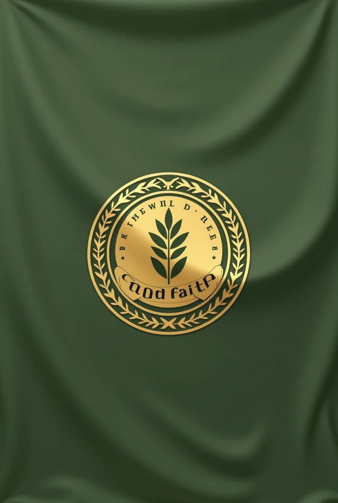 Create an olive green flag with a simple round gold coat of arms. With the name good faith and a symbol of a sprouting tree.
