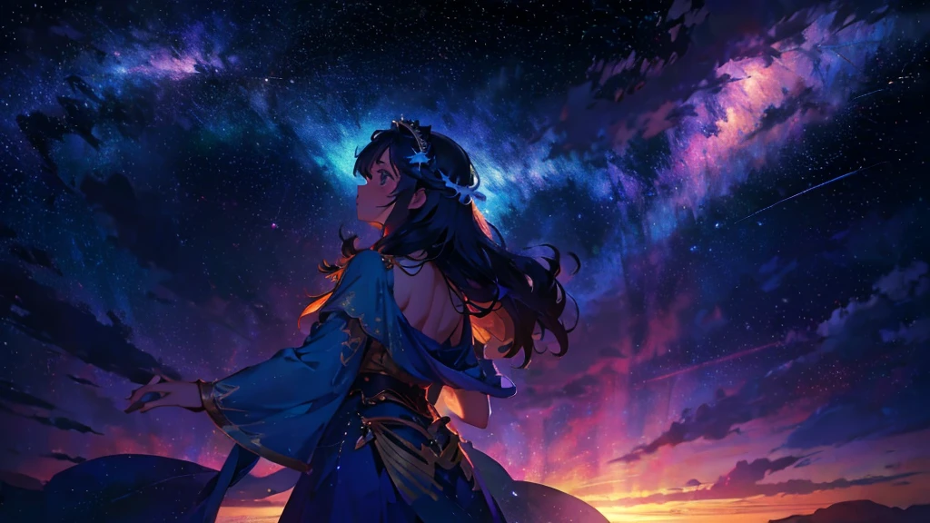 8K resolution, masterpiece, Highest quality, Award-winning works, unrealistic, sole sexy lady, healthy shaped body, elegant, white wavy long hair, hair band, big firm bouncing bust, Royal Jewel, nature, Symmetric, A fighting girl gazing at the stars (Zoom out: 1.1), (Meteors: 1.2), (comet:1.1), cloud, colorful, starry, stars your name, Alolan Volaris Shooting Star, Low angle, From the back, cloud, colorful, Starry Sky, Fantasy, Unreal 5, Surreal, Dynamic Lighting, Complex colors, detailed face, detailed Beauty,