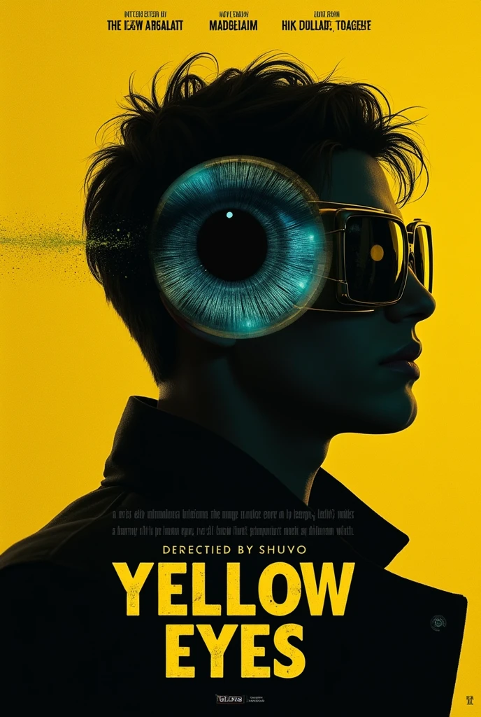 Make a Film Poster. Film name is 'Yellow Eyes' A Film By Shuvo. This film based on Yellow journalism. Metaphorically portray yellow journalism